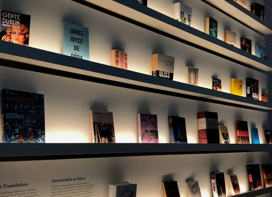 Books sitting on a number of shelves within the Museum of Literature Ireland Moli